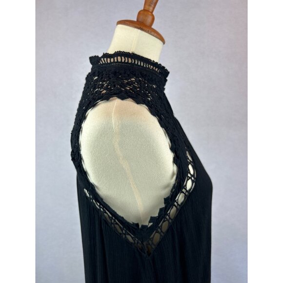 Fate Black Sleeveless Tiered Maxi Dress Lace Crochet Raw Hem Boho - Picture 4 of 13